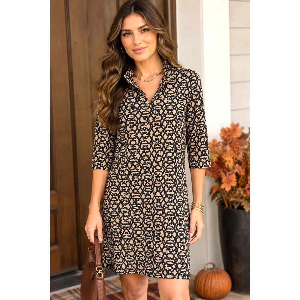 Gretchen Scott dress ruffle neck geometric print career business casual women L
